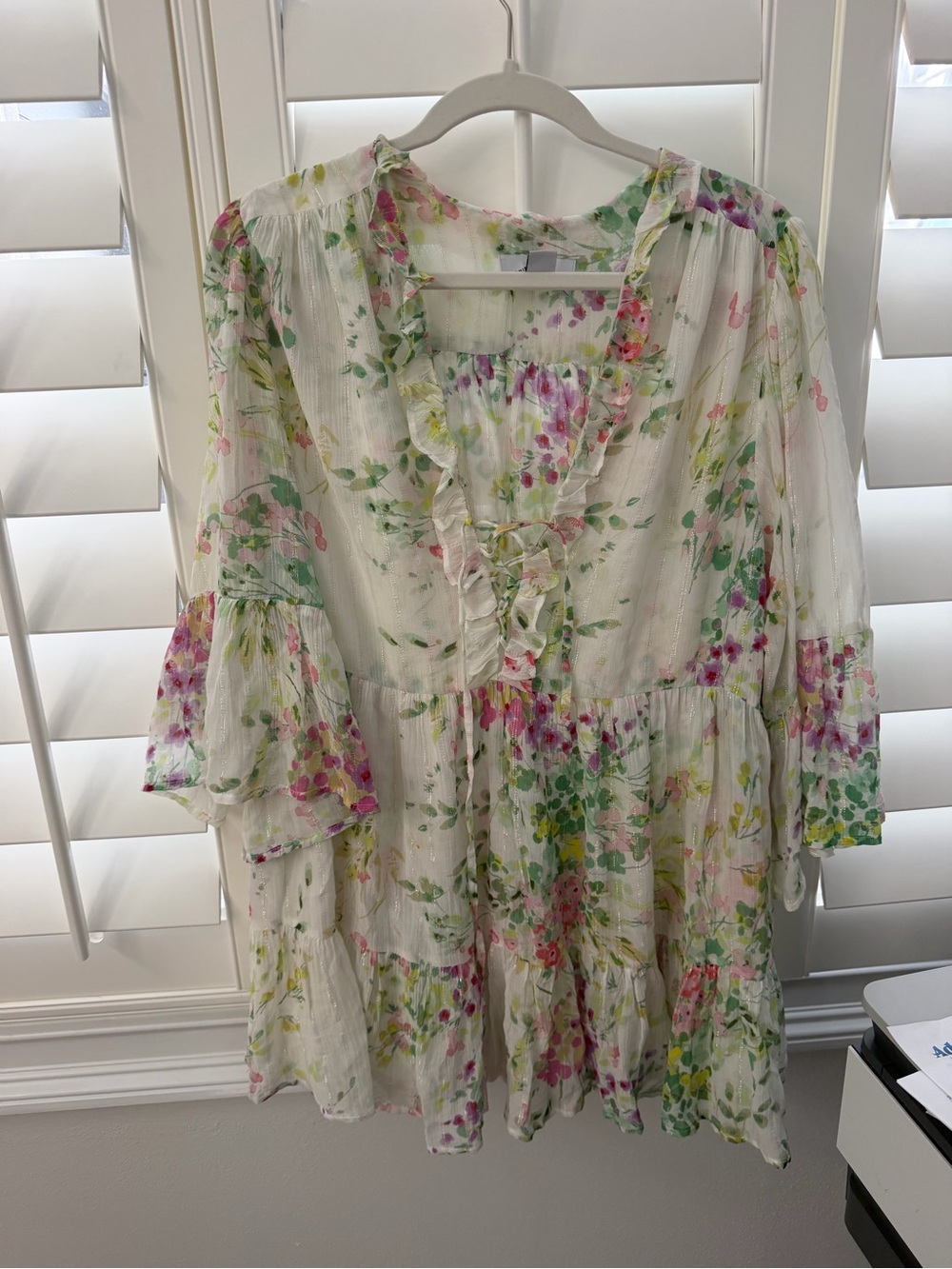 Sabina Musayev White Floral Ruffle Tunic with Pink & Green